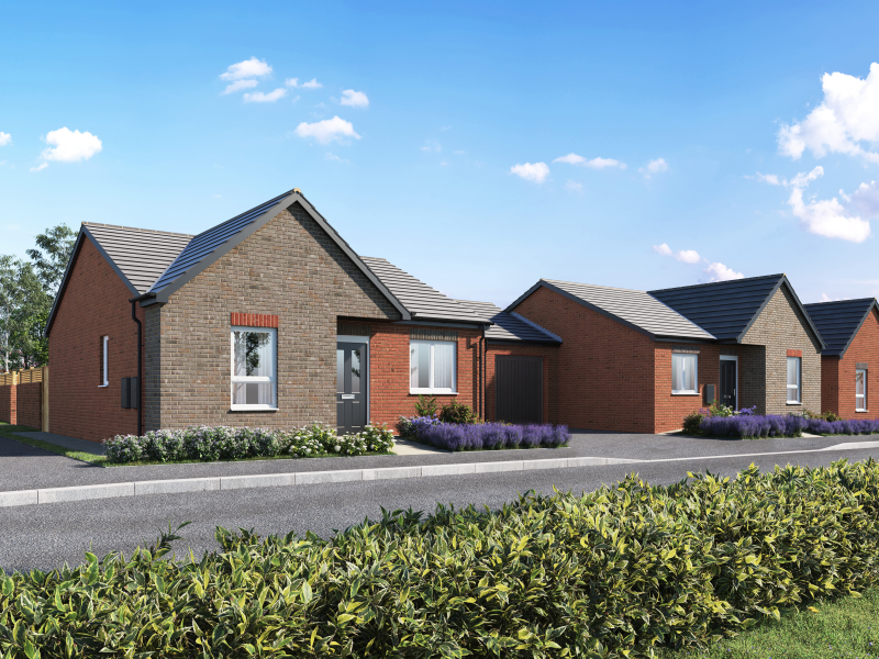 A computer generated image of The Mullberry bungalow house type at The Maples development in Lichfield