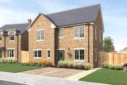 A traditional brown bricked two story home with a large paved driveway and fenced garden