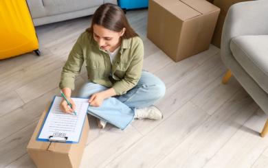 Woman sat on the floor and ticking off items from her moving day checklist while leaning on a closed box of possessions