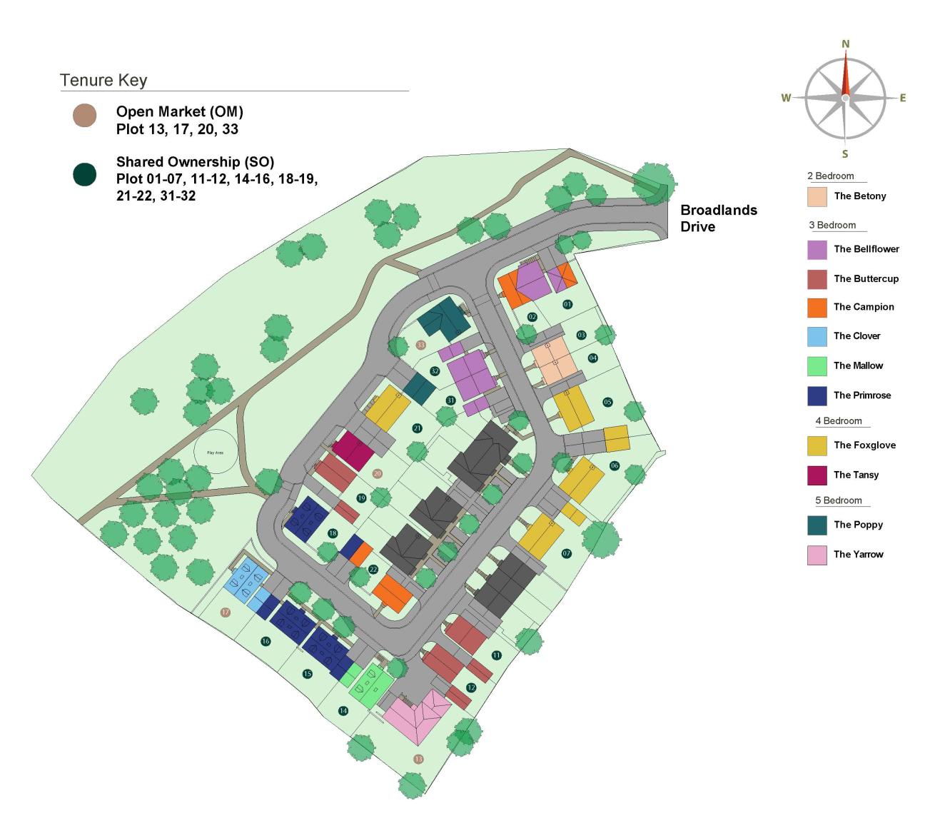 Site plan of Coppice View housing development showing plot layout, house types by colour, and tenure options for open market and shared ownership.