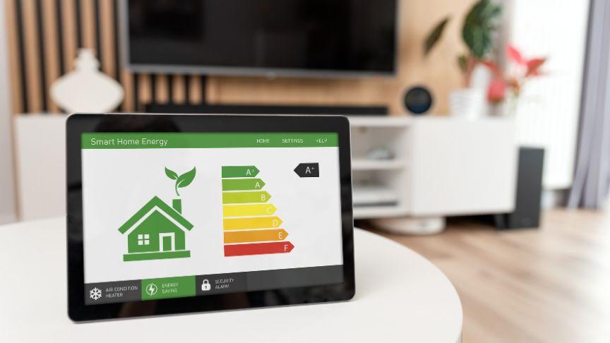 A tablet screen on a table in a modern new build home showing an EPC report 