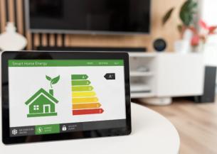 A tablet screen on a table in a modern new build home showing an EPC report 